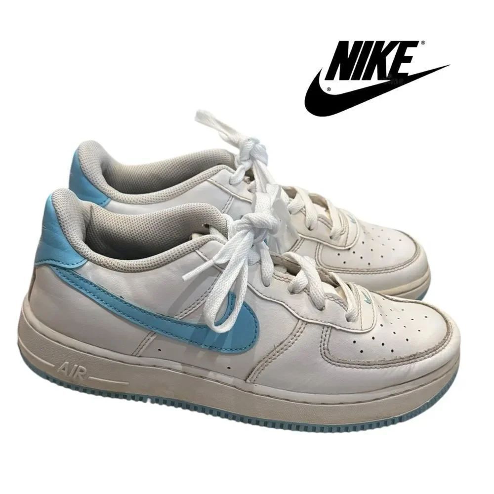 Nike Big Kids Air Force 1 GS White Aquarius Blue Leather Sneakers 6.5Y